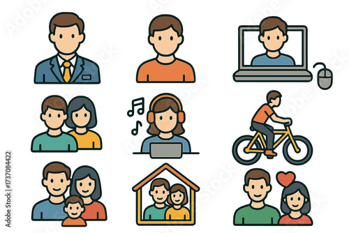 Diverse User Related Icon Set with Staff, People, Work, Hobbies, Family, Online Communication, Cycling, and Music Elements for Graphic Design, Websites, Cards, and Articles Vector Cartoon Illustration