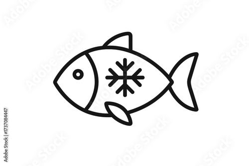Frozen fish icon. Seafood line symbol with snowflake. Vector illustration for freezing, food storage, supermarket, grocery, menu. Minimal outline pictogram concept for cold.