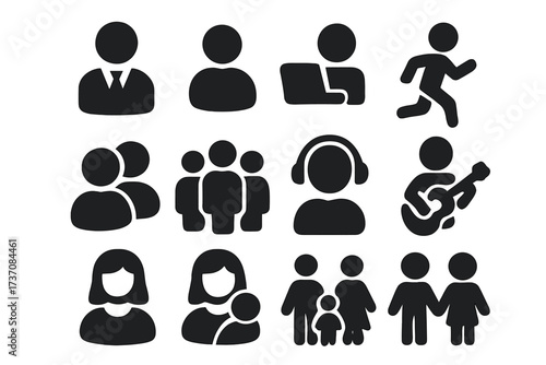 User-related outline vector icon set featuring diverse staff, people, work activities, hobbies, family, and social groups for graphic design, websites, cards, books, and articles, cartoon style