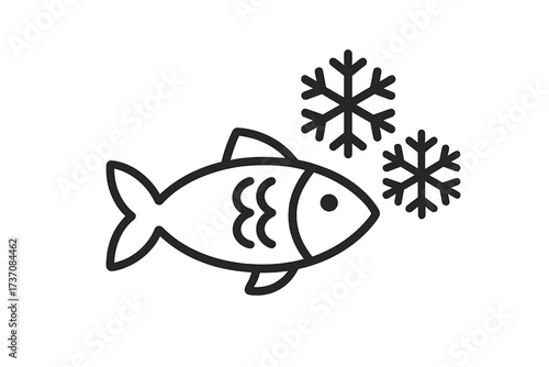 Frozen fish line icon for food packaging design. Simple seafood pictogram for grocery store or market. Vector symbol for fresh frozen food products. Cold seafood illustration.