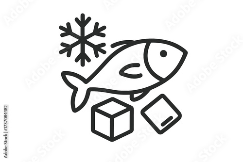 Frozen fish icon. Seafood product symbol. Deep freeze food. Cold storage pictogram. Ice cube and snowflake. Market fresh fish. Outline vector illustration for packaging.