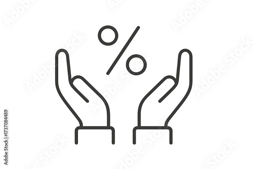 Percent icon in hands. Discount, sale, special offer concept. Loan interest rate. Financial and banking benefit symbol. Commission, bonus, and profit. Vector line illustration.
