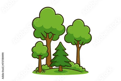 Vector thin icon of green trees in forest with brown trunks, cartoon flat style illustration for nature, environment, ecology, landscaping and outdoor concepts in graphics and apps