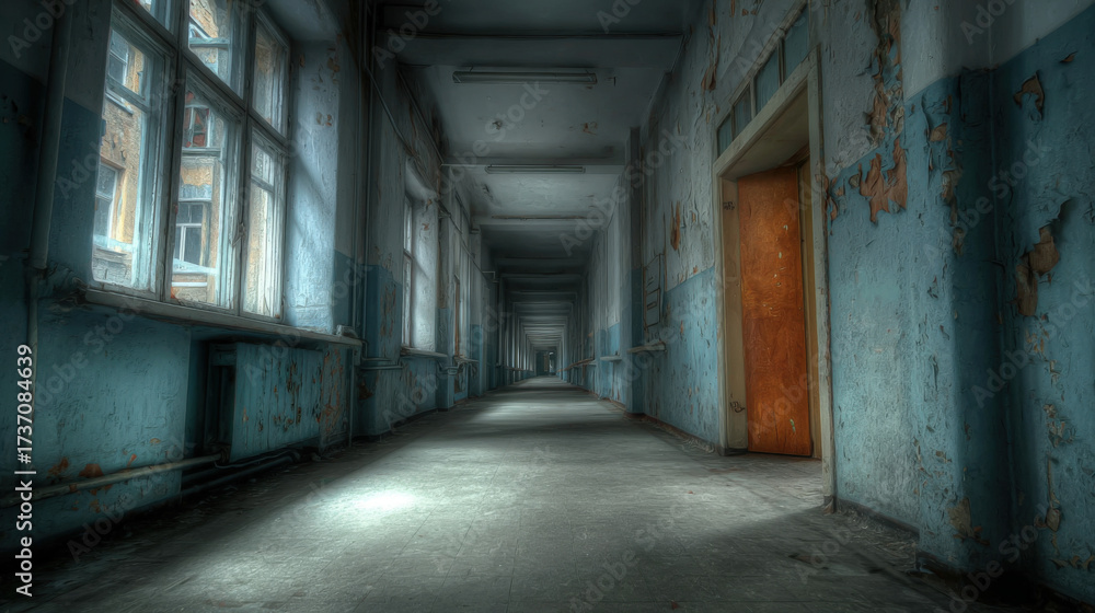 Fototapeta premium Abandoned Hallway with Peeling Paint and Open Door