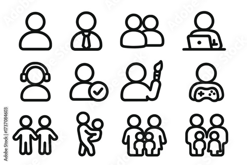 User Related Simple Symbol Set with Staff, People, Work, Hobbies, and Family Icons for Graphic Design, Websites, Cards, Books, and Articles, Vector Cartoon Style