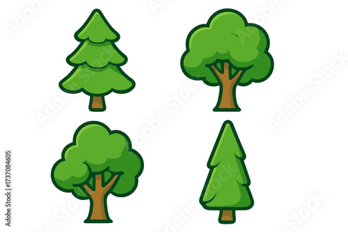 Cartoon vector isolated tree icons set for forest, nature, ecology, eco design, landscape, environment symbols, green foliage, wood, park illustration, digital clipart, collection