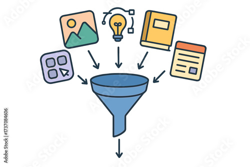 Sales funnel marketing concept. Vector icon for lead generation, data filtering, and content conversion. From idea, graphic, book, and app to final processed information.