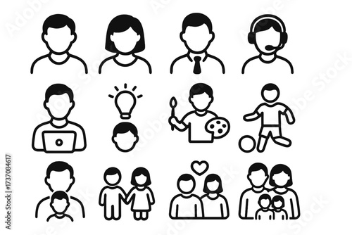 User Related Symbol Set with Staff, People, Work, Hobbies, Family Icons for Graphic Design, Websites, Cards, Books, Digitally Illustrated Vector Cartoon Icons for Various Uses