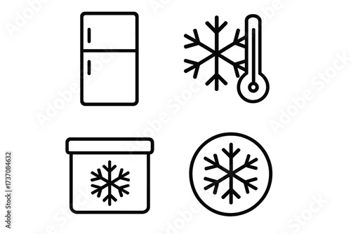 Cold storage and freezer icon set. Vector linear pictograms. Refrigerator, frozen food container, snowflake, and low temperature thermometer symbols for web and graphic design.