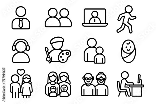 User related icon set with vector cartoon symbols of staff, people, work, hobbies, family, love, and computer use for graphic design, websites, cards, books, and articles