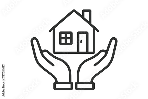House in hands icon. Real estate, property and home insurance concept. Symbol of safety, care, protection and support. Shelter and housing sign. Vector line art illustration.