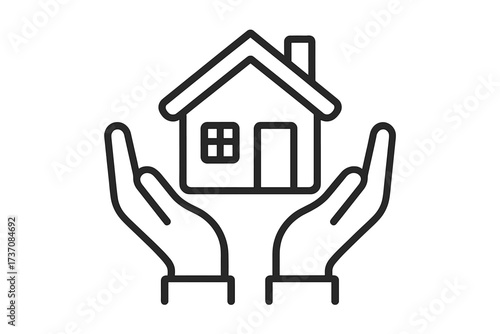 House in hands icon. Real estate, property insurance concept. Home care, protection, and safety symbol. Shelter and support for family. Mortgage and investment logo.