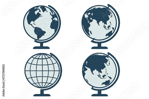 Globe set vector illustration collection. World map on stand. Earth planet geography icon. Global business international travel symbol. Education science. Different continents.