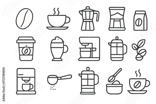 Set of Coffee Related Line Icons. Roasted Coffee Bean, Cup, Moka Pot, Coffee Maker, To Go Cup, Latte, Espresso Machine, French Press, Coffee Plant, Coffee Scoop, Sugar Bowl. Vector Line Art