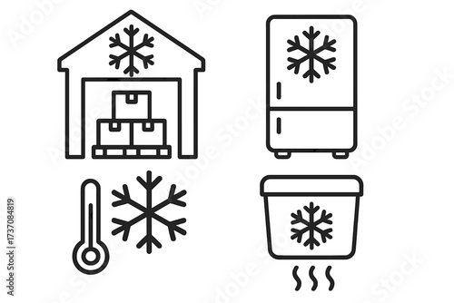 Cold chain logistics and frozen food storage icon set. Outline vector symbols of a warehouse, industrial refrigerator, cold transport, and temperature control. Perishable goods.