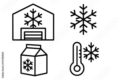 Cold storage and refrigeration outline icon set. Vector line art symbols for freezer, warehouse, frozen food, and low temperature. Snowflake and thermometer icons for logistics.