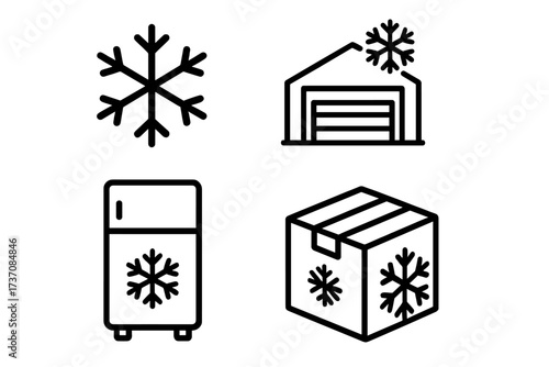 Cold storage icon set. Freezer, warehouse, refrigerator, frozen package. Vector line icons for cold chain logistics, food preservation, shipping, delivery and cryopreservation.
