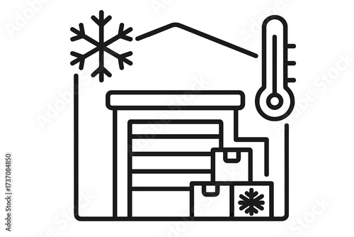 Cold storage linear icon. Warehouse with freezer and thermometer symbol. Concept for food industry logistics, refrigerated cargo, supply chain and goods preservation. Vector.