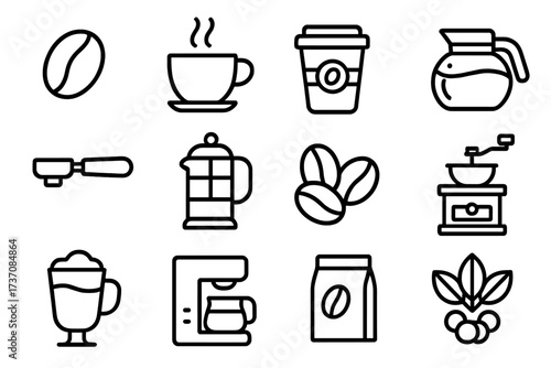 Set of Roasted Coffee Line Icons, Coffee Beans, Cups, French Press, Grinder, and Coffee Machine, Outline Vector Signs for Graphic Design, Web, Apps, and Advertisements, Cartoon Style