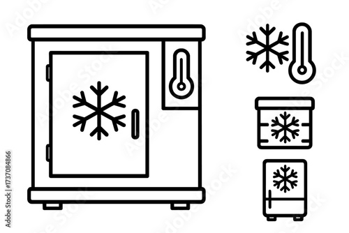 Cold storage and freezer icon set. Linear outline vector symbols for refrigeration, food preservation, and temperature control. Includes snowflake and thermometer icons.