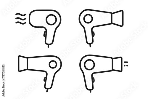 Hair dryer outline icon set. Hairdryer linear pictogram collection for web and graphic design. Blow dryer simple vector illustration for beauty salon, hairdressing, hair care.