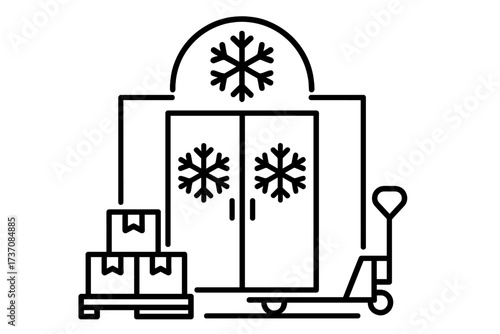 Cold storage warehouse outline icon. Industrial freezer room for frozen food logistics and supply chain. Pallet with boxes and jack lift for inventory and distribution. Refrigeration vector line art.