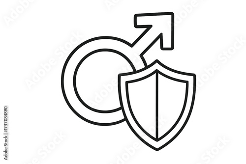 Men's health concept. Male gender symbol with shield. Protection, defense and security for men. Urology, andrology or prostate health icon. Vector line illustration design.