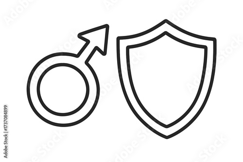 Men's health concept. Male gender symbol with shield. Man protection, security, insurance. Vector line art icon for prostate cancer awareness, urology, and male healthcare.
