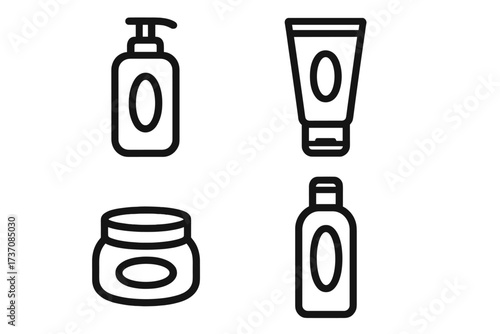 Cosmetic packaging icon set. Beauty product container line art. Dispenser, bottle, tube, jar. Skincare, lotion, cream, shampoo, gel. Simple outline symbol collection. Vector isolated.
