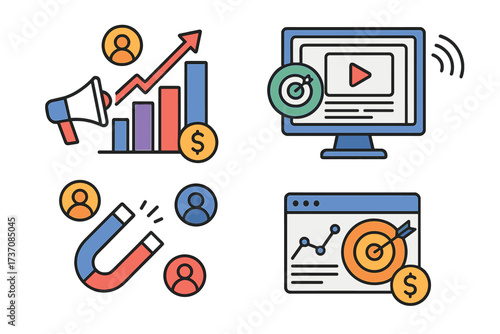 Set of digital marketing icons. Business growth, advertising, customer acquisition magnet, video marketing target, SEO analytics. Financial success and promotion concept vector.