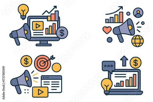 Digital marketing icon set for business. Social media, SEO, content strategy, advertising campaign. Financial growth, data analytics, ROI. Vector illustration collection.