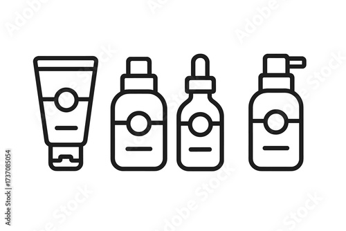 Cosmetic bottle line icon set. Skincare beauty product packaging outline symbol. Cream tube, serum dropper, lotion pump dispenser vector illustration. Minimalist container signs.