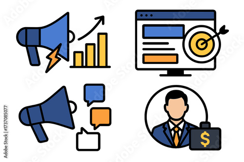 Vector icon set for business, marketing, finance. Digital advertising, promotion, growth chart, online targeting, social media communication, businessman with money symbol.