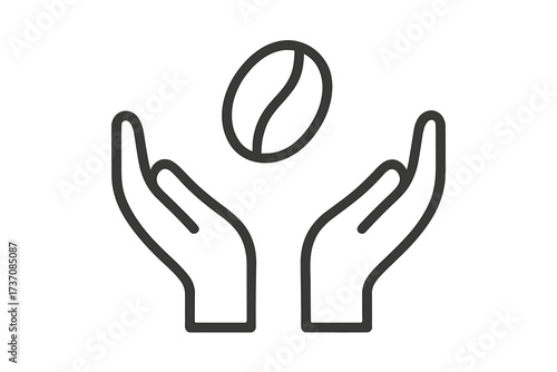 Coffee bean in open hands vector icon. Concept fair trade, quality agriculture, natural harvest, and sustainable production. Minimalistic linear pictogram for web, logo, apps.