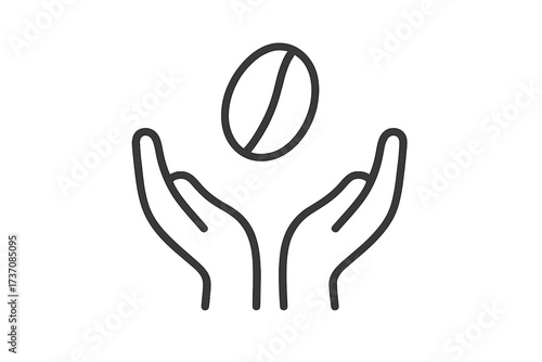 Hands holding coffee bean icon. Minimal line art vector. Concept of fair trade coffee, quality production, natural, organic, harvest. Pictogram for cafe, app, web, logo design.