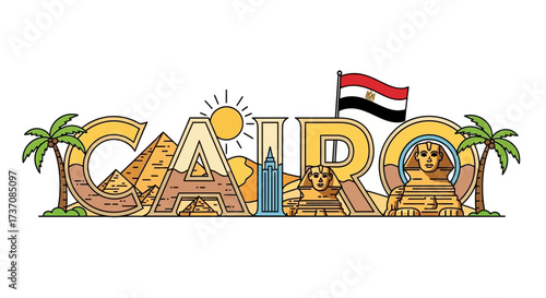 Cairo Typography Vibrant Illustration of the City Featuring Pyramids, Sphinx, and Palm Trees with the Egyptian Flag