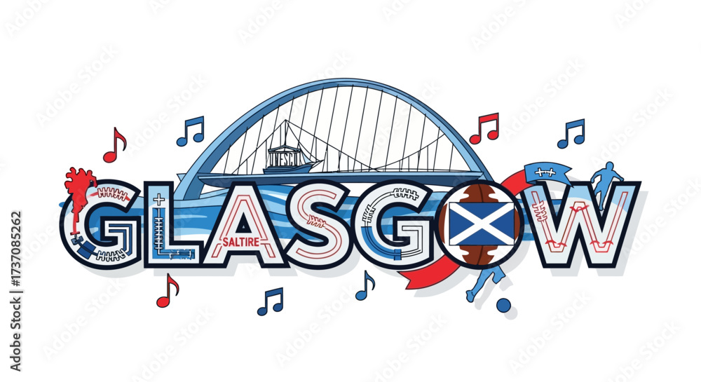 Fototapeta premium Glasgow Cityscape A Colorful Illustration Featuring Iconic Architecture and Scottish Emblems
