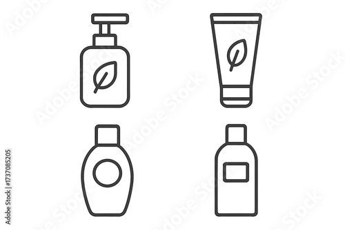 Natural cosmetic line icon set. Organic skincare, beauty product package. Eco friendly soap dispenser, cream tube, shampoo bottle symbol. Minimalist vector graphic for web, app.