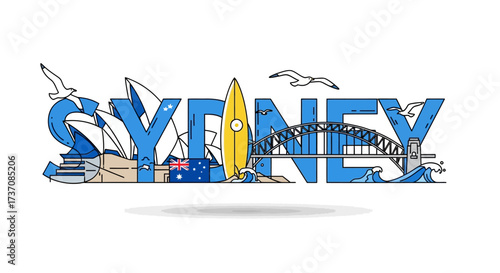 Sydney travel design illustration featuring iconic landmarks and symbols, representing the city's culture and attractions