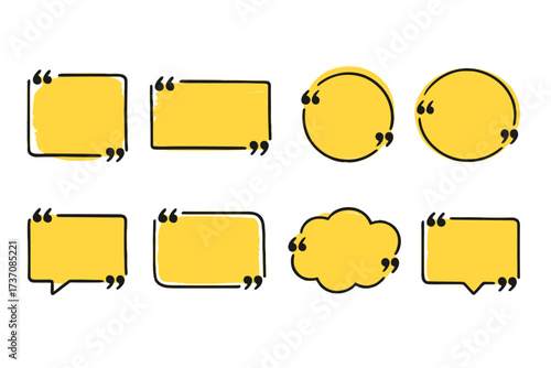 Big set of hand-drawn quote box frames. Blank template for text, testimonials, or comments. Vector speech bubble and quotation mark symbols for blog posts or social media.