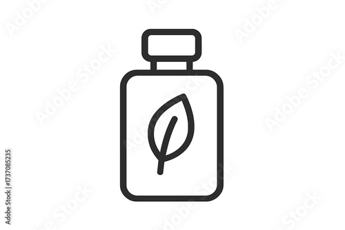 Natural cosmetic line icon. Organic beauty product with leaf symbol. Eco-friendly skincare, lotion, or shampoo bottle. Herbal wellness concept vector. Minimalist plant-based sign.