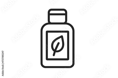 Natural cosmetic bottle line icon. Organic beauty product with leaf symbol. Eco-friendly, bio-skincare vector for web design, apps, and branding. Minimalist illustration.