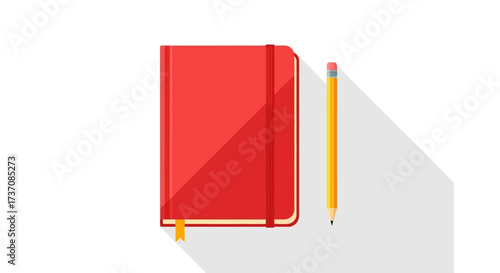Red Notebook and Pencil Illustration on White Background for Business and Education Concepts