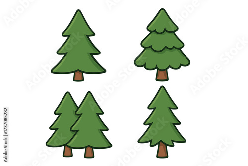 Cartoon pine tree forest symbol vector set, green fir trees, coniferous nature illustration, evergreen plants for graphic design, websites, cards, books, articles, transparent background