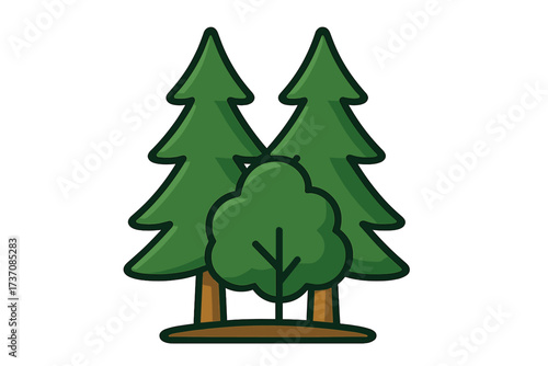 Cartoon forest trees icon with pine and leafy trees, simple thin line vector illustration for websites, books, cards, apps, transparent background set