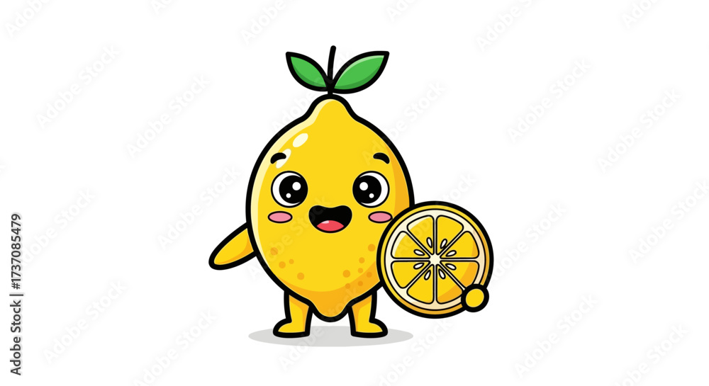 Obraz premium Adorable Lemon Mascot with a Smiling Face, Holding a Lemon Slice, Cute Cartoon Character