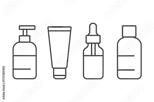 Cosmetic bottle line icon set. Skincare packaging vector. Beauty product containers. Pump dispenser, cream tube, serum dropper, and shampoo bottle. Minimalist outline symbols.