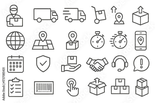 Logistics and delivery icon set. Courier service, express shipping, order tracking, and e-commerce symbols. Includes truck, map, stopwatch, package, and customer support icons.