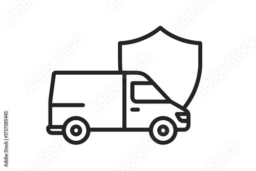 Minimalistic Van Truck with Shield Icon, Delivery Security Concept, Safety Protection Symbol, Linear Pictogram for Web Design, Apps, Banners, Social Media, Vector Illustration