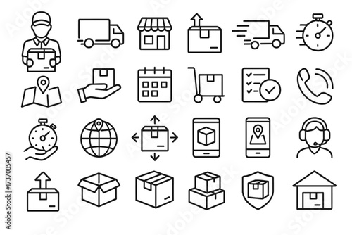 Set of 24 delivery and logistics web icons in line style. Courier, shipping, express service, order tracking, customer support, e-commerce business. Vector illustration.